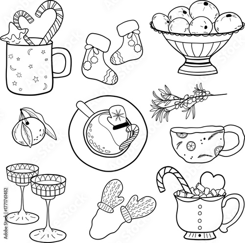 Hand drawn collection of Christmas cacao, tea. Set includes festive mugs with candy canes, marshmallows, champagne glasses, fruit bowl with tangerines, cacao, mittens, stocking. Vector illustration.