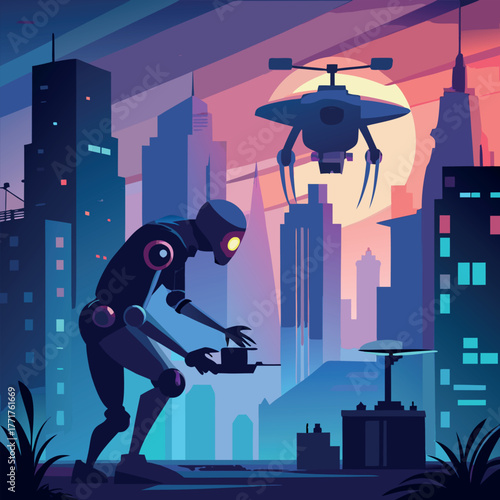 Silhouette of a humanoid robot repairing a flying drone under city lights