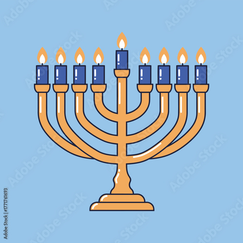 Jewish Hanukkah Menorah with Nine Candles Vector Illustration