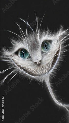 A spooky cat with luminous neon eyes grins in a dark environment. Its wild fur and mischievous smile create an eerie yet captivating atmosphere that intrigues onlookers
