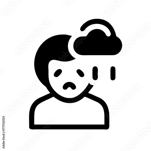 An icon depicting a sad person under a rain cloud, symbolizing depression, sadness, or emotional distress. Ideal for mental health blogs, therapy websites, or discussions on well-being.