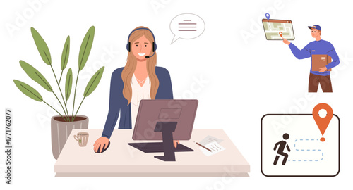 Customer service agent with headset at desk, delivery professional with package, and a route map. Ideal for customer support, logistics, delivery management, communication, tracking, remote work
