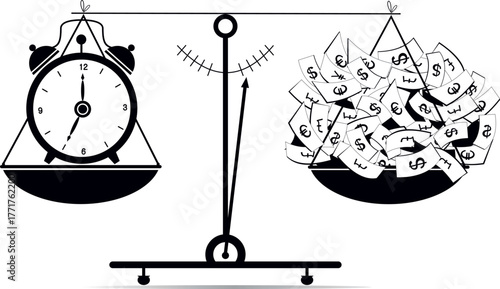 Scales. Time. Money. Business concept illustration.
Scales, time is money. Scales with paper currency and clock. Flat illustration. Time is money. Business, success concept.
