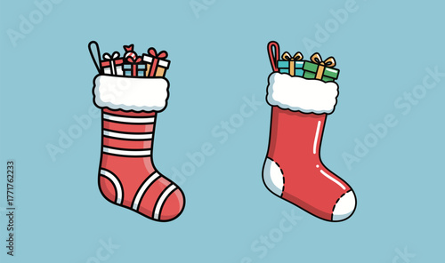 Two Christmas Stockings Filled with Gifts Vector Illustration