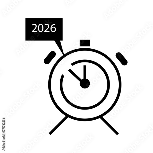 Minimalist black and white icon of an alarm clock showing midnight with a “2026” label, symbolizing New Year’s countdown or celebration time.