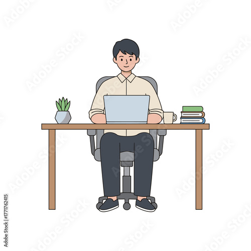 Man Working on Laptop at Desk Vector Illustration