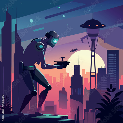 Silhouette of a humanoid robot repairing a flying drone under city lights