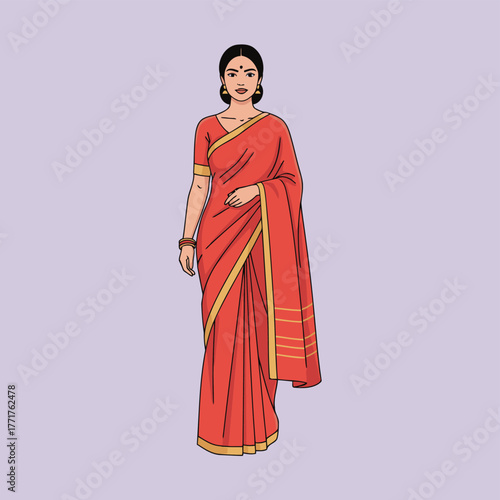 Indian Woman in Traditional Red Saree Vector Illustration