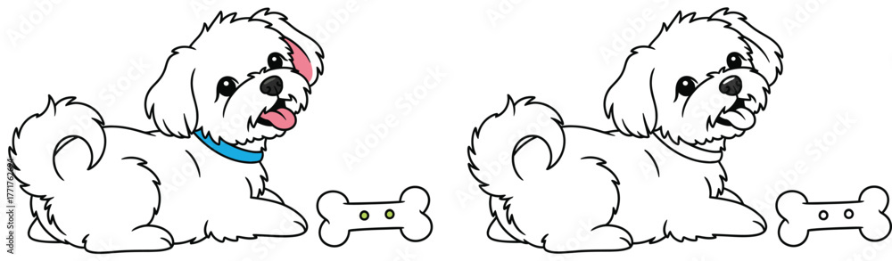 Obraz premium Cute Cartoon White Fluffy Dog Vector Illustration Lying Down with Bone. Adorable Maltese Puppy Pet Mascot Graphic Resource