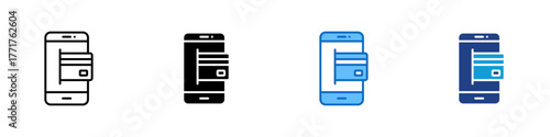 Mobile Wallet Multiple Style Icon Design Vector - Digital wallet on smartphone for secure online payments and card storage