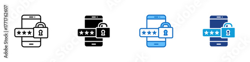 Password Security Multiple Style Icon Design Vector - Mobile phone with password and lock, symbolizing data protection and secure login