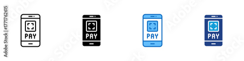 QR Payment Multiple Style Icon Design Vector - Smartphone displaying a QR code with the word “PAY,” representing cashless mobile transactions