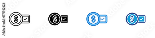 Transaction Completed Multiple Style Icon Design Vector - Coins with a check mark, representing successful digital payment or completed transaction