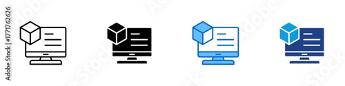 3D Modeling Multiple Style Icon Design Vector - Computer screen with a 3D cube symbolizing digital modeling, virtual visualization, and creative rendering