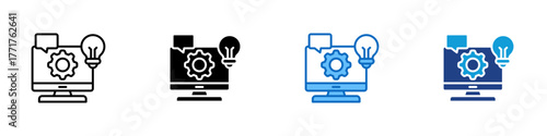 Creative Development Multiple Style Icon Design Vector - Computer monitor with gear and light bulb representing innovation, idea generation, and digital creation
