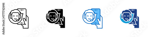 Customer Support Multiple Style Icon Design Vector - Smartphone showing a customer service representative with headset, symbolizing online help or call center