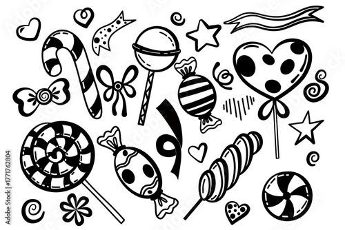 Doodle Sweet candies set. Candy, chocolate bonbons, licorice, lollipop. Hand-drawn sketch illustration.