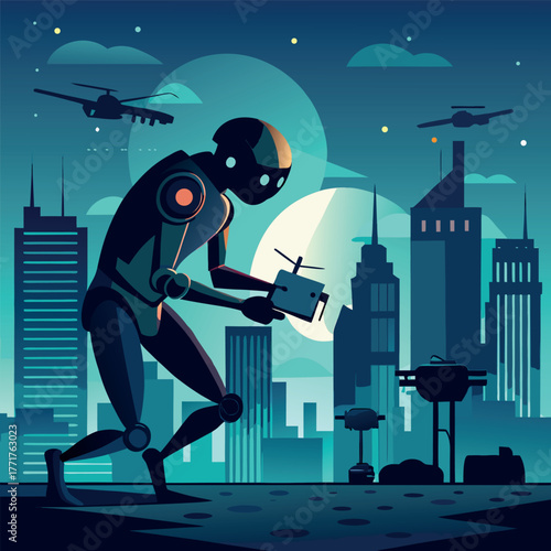 Silhouette of a humanoid robot repairing a flying drone under city lights