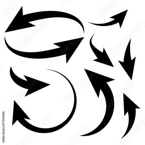 Different black arrow icon set circle, up,  straight and twisted