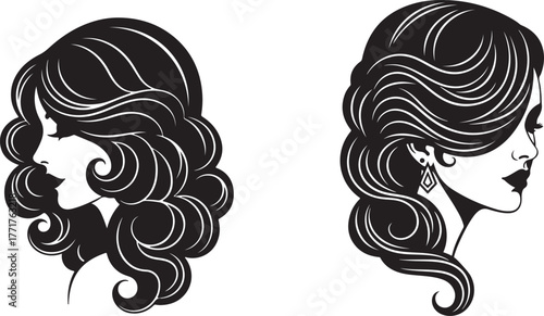 Elegant woman profile silhouette with elaborate wavy hairstyle and a single dangling earring
