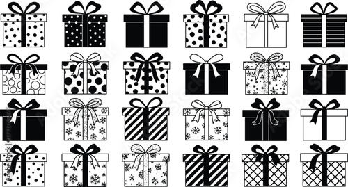 Gift box silhouette vector illustration, festive holiday artwork, seasonal decoration design, Christmas present graphic, ribbon bow pattern, cad drawing flat vector illustration