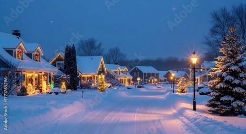 Cozy suburban street glows with festive holiday lights on a magical winter evening