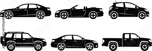 Car silhouette set, sedan, convertible, SUV, hatchback, pickup truck, black vehicle icons, automotive vector illustration, transport graphic, isolated design