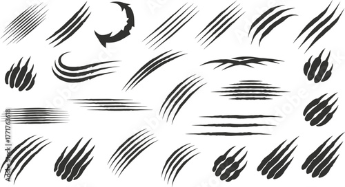 Claw mark silhouettes, wild scratches, horror slashes, torn textures, beast tracks, aggressive graphics, spooky design, animal attack, vector illustration, abstract elements