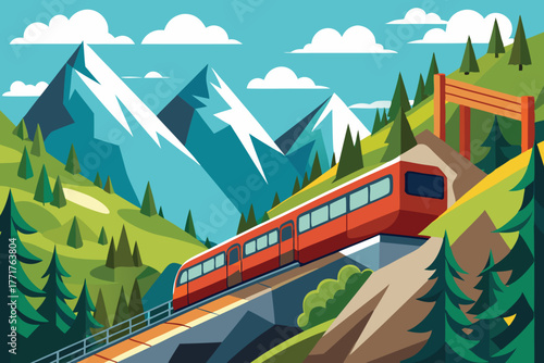 Mountain Train Journey Landscape Vector Illustration