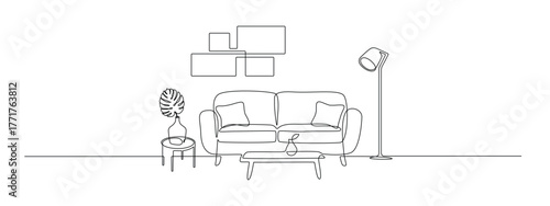 Continuous one line drawing of Sofa with lamp lampshade and home plant. Modern interior and heim furniture in simple Linear style. Doodle contour vector illustration
