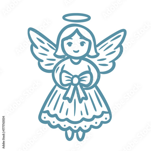 Simple hand-drawn Christmas angel with wings, halo, and bow. Minimal vector perfect for holiday cards, religious art, and festive decorations