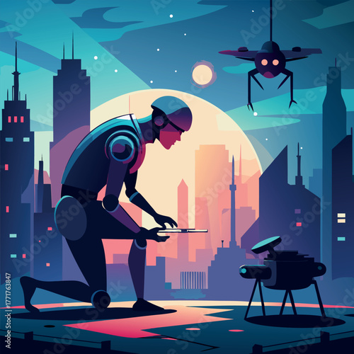 Silhouette of a humanoid robot repairing a flying drone under city lights