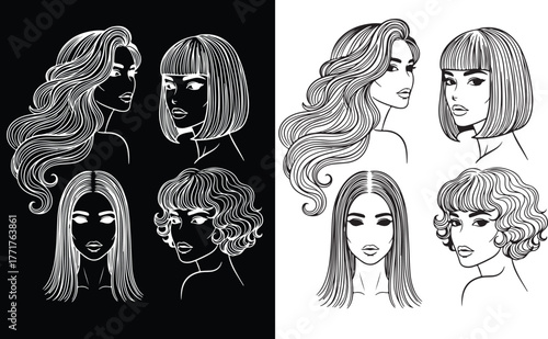 Four diverse women s portraits in a minimalist line art style with varied hairstyles and facial features