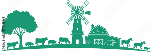 Green farm silhouette, barn and windmill, grazing animals, rural landscape, tree, field, countryside scene, livestock illustration, agriculture design, vector graphic