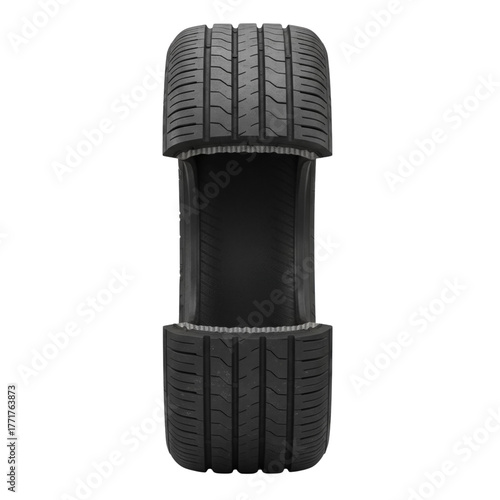 Cutaway view of two car tire treads stacked vertically