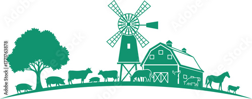 Farm scene silhouette, barn and windmill, grazing animals, rural landscape, countryside view, livestock illustration, tree, field, agriculture design, vector graphic