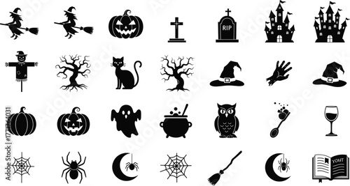 Halloween silhouettes, spooky icons, haunted elements, witch symbols, scary decorations, vector set, black shapes, holiday design, eerie theme, October graphics