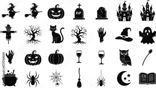 Halloween silhouettes, spooky icons, haunted elements, witch, ghost, pumpkin, tombstone, spider, tree, cat, cauldron, castle, moon, vector illustration