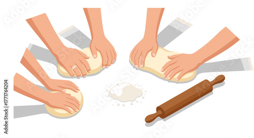 Teamwork in baking hands kneading dough with flour and rolling pin