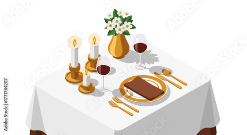 Elegant dinner table setting with candles and wine glasses in isometric style