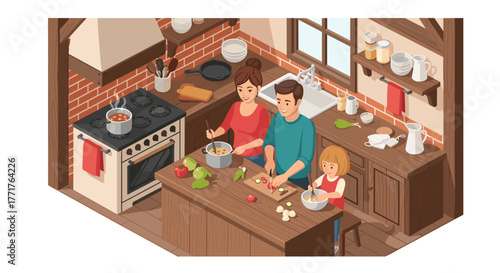Family cooking together in cozy rustic kitchen scene with parents and child