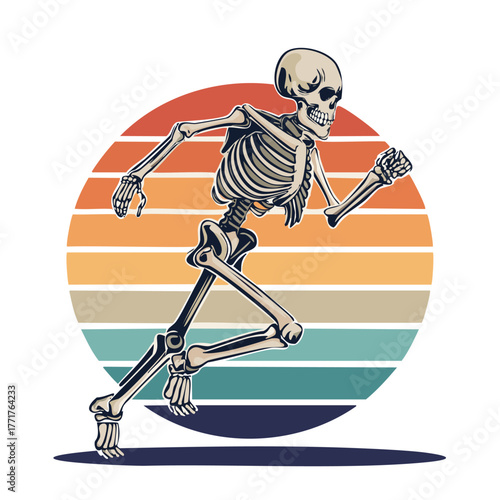 illustration of skeleton running horizontally. 70's tattoo art. vintage. outlaw. handcrafted. gang patch art. old school patch.