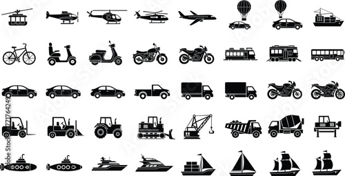 Transportation icon set, aerial, land, water vehicles, silhouette collection, car, bike, ship, truck, helicopter, scooter, vector graphic, travel design