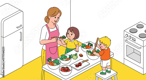 Family cooking time in the kitchen with kids and healthy vegetables