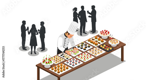 Chef preparing desserts at event with people in silhouette
