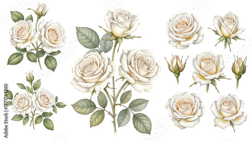 A beautiful collection of watercolor white roses, featuring delicate blossoms with soft ivory petals and green leaves, isolated on a transparent background.