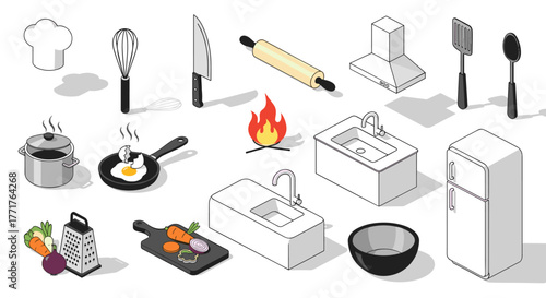Modern kitchen tools and appliances in isometric style with cooking icons