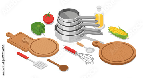 Isometric kitchenware set with vegetables and utensils in modern style