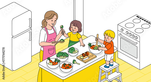 Family cooking at home happy kids making healthy meals together in kitchen