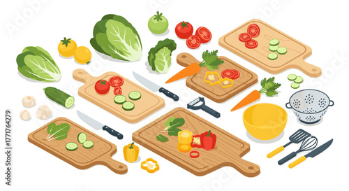 Fresh ingredients and kitchen tools on cutting boards in isometric style